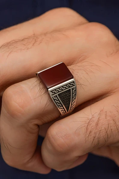 Akik Taşlı Grek Motifli 925 Gümüş Erkek Yüzük ürün görseli