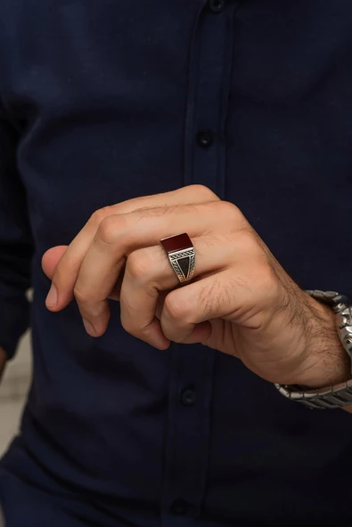 Akik Taşlı Grek Motifli 925 Gümüş Erkek Yüzük - Resim 4