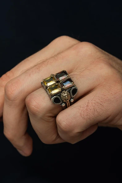 Sarı Kırmızı  Taşlı Aslan Başı Motifli 925 Erkek Gümüş Yüzük - Resim 7