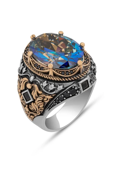 Oval Mistik Topaz Taşlı 925 Erkek Gümüş Yüzük - Resim 2