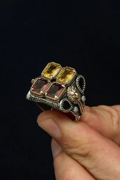 Sarı Kırmızı  Taşlı Aslan Başı Motifli 925 Erkek Gümüş Yüzük ürün görseli