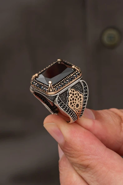 Siyah Zirkon Taşlı Dikdörtgen 925 Erkek Gümüş Yüzük - Resim 2