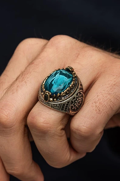 Fetih Koleksiyonumuzdan Kurt Motif Mavi Taşlı 925 Erkek Gümüş Yüzük ürün görseli