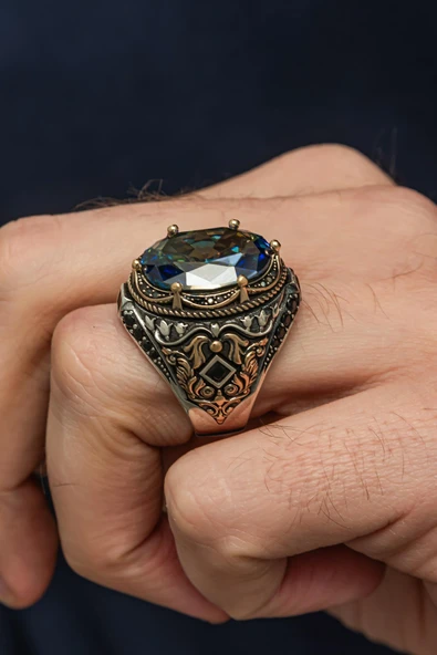 Oval Mistik Topaz Taşlı 925 Erkek Gümüş Yüzük - Resim 3
