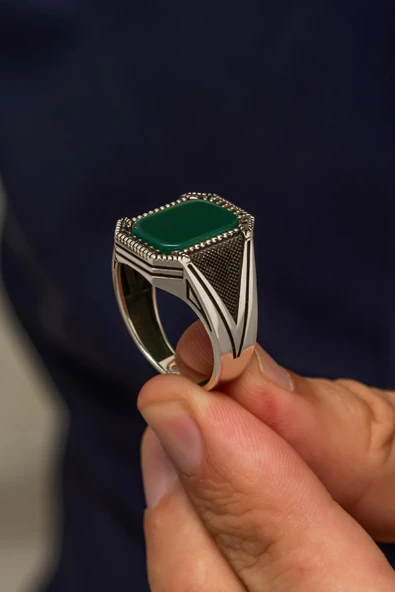 Yeşil Akik Taşlı 925 Gümüş Erkek Yüzük - Resim 3