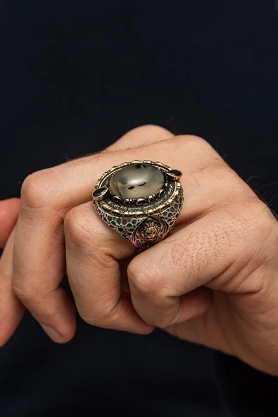 Yemen Taşlı Aslan Başı Motifli 925 Erkek Gümüş Yüzük ürün görseli