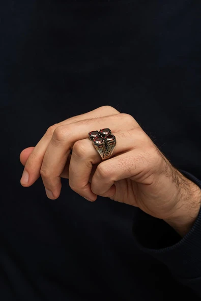 Kırmızı 4 Taşlı 925 Erkek Gümüş Yüzük - Resim 5