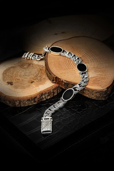 Siyah Oniks Taşlı Gurmet 925 Ayar Gümüş Erkek Bileklik - 6