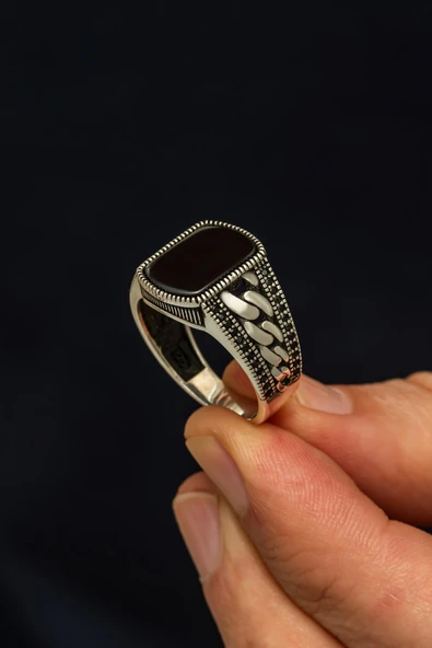 Siyah Oniks Taşlı Gurmet Zincir Motifli 925 Erkek Gümüş Yüzük - Resim 4