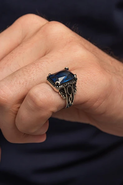 Serçe Parmak Lacivert Taşlı 925 Erkek Gümüş Yüzük - Resim 4