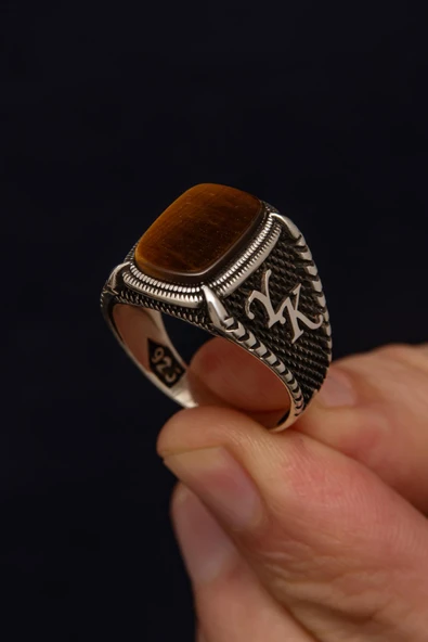 Kaplan Gözü Taşlı Harfli 925 Erkek Gümüş Yüzük ürün görseli