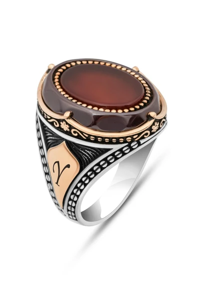 Oval Akik Taşlı Harfli 925 Erkek Gümüş Yüzük - Resim 2