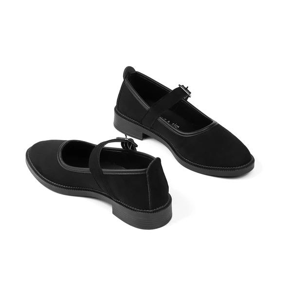 Kadın Siyah Anne Ayakkabısı Tokalı Süet Kaydırmaz Termo Taban Kısa Topuklu Rahat Günlük - 5