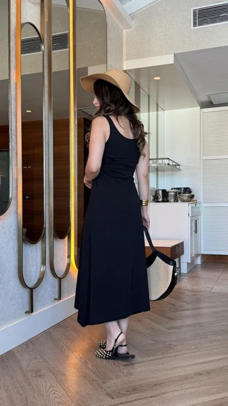 Kadın Askılı Yuvarlak Yakalı Viskon Elbise - Resim 3