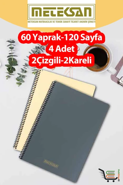 4 Adet A4 Ebat 60 Yaprak(120 Sayfa) Spiralli Plastik Kapaklı Okul Defteri-Meteksan