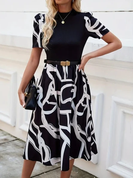 Kadın Kısa Kollu Yarı Balıkçı Yaka üst Viskon Alt Desenli Dokuma Midi Elbise - Resim 6