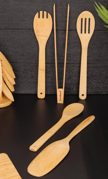 Bambum 5 Parça Bambu Mutfak Gereçleri Seti – Spatula, Servis Kaşığı ve Maşa ürün görseli