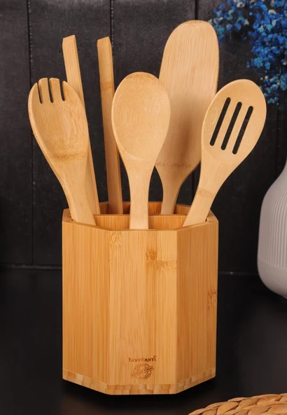 Bambum 6 Parça Mutfak Gereçleri Seti – Çokgen Kaşıklık Standlı Spatula ve Servis Kaşıkları ürün görseli
