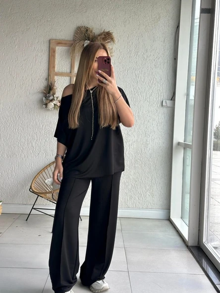 Kadın Tek Omuzdan Açık Geniş Kesim Viskon Iki Iplik Bluz Ve Pantolon Ikili Takım ürün görseli