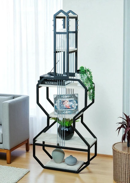 DEKORATİF SİYAH METAL KİTAPLIK BEYAZ AHŞAP RAFLI GİTAR ÜNİTE ÇOK AMAÇLI SALON OFİS DÜZENLEYİCİ - 6