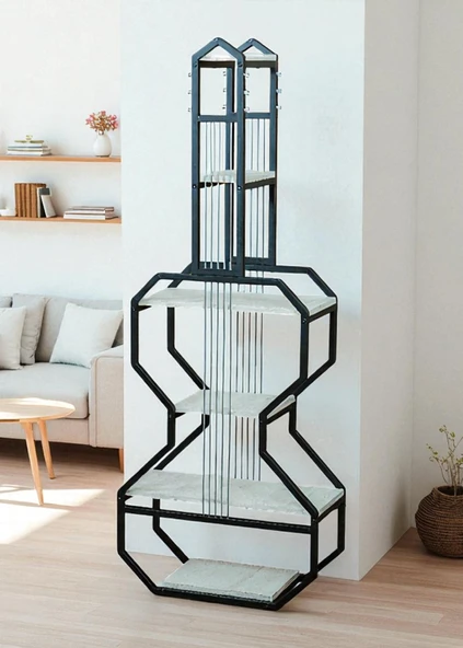 DEKORATİF SİYAH METAL KİTAPLIK BEYAZ AHŞAP RAFLI GİTAR ÜNİTE ÇOK AMAÇLI SALON OFİS DÜZENLEYİCİ - 8