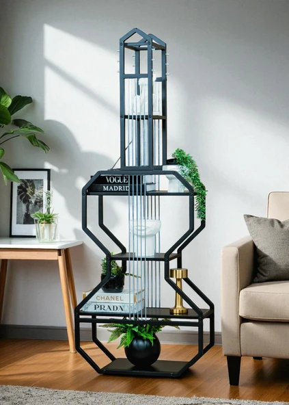 DEKORATİF SİYAH METAL KİTAPLIK SİYAH AHŞAP RAFLI GİTAR ÜNİTE ÇOK AMAÇLI SALON OFİS DÜZENLEYİCİ - 7