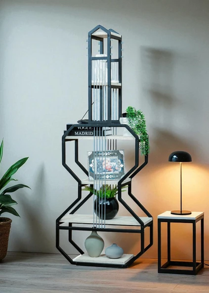DEKORATİF SİYAH METAL KİTAPLIK BEYAZ AHŞAP RAFLI GİTAR ÜNİTE ÇOK AMAÇLI SALON OFİS DÜZENLEYİCİ - 1