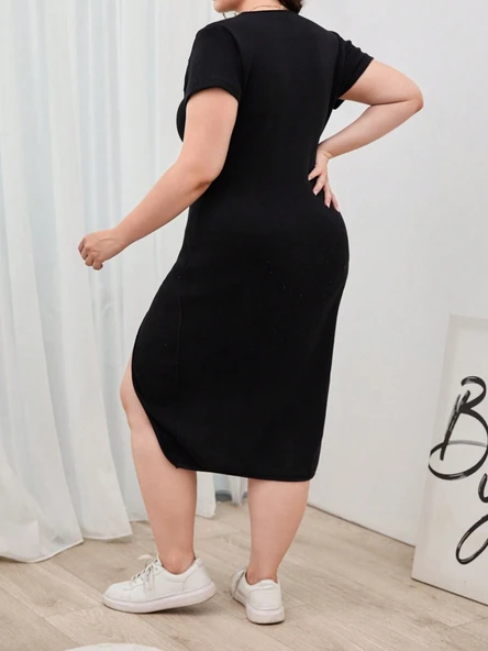 Kadın Büyük Beden Kısa Kollu Yanı Yırtmaçlı Bisiklet Yaka Viskon Elbise - Resim 4