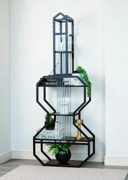 DEKORATİF SİYAH METAL KİTAPLIK SİYAH AHŞAP RAFLI GİTAR ÜNİTE ÇOK AMAÇLI SALON OFİS DÜZENLEYİCİ - 6