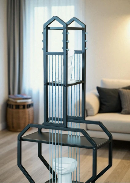 DEKORATİF SİYAH METAL KİTAPLIK SİYAH AHŞAP RAFLI GİTAR ÜNİTE ÇOK AMAÇLI SALON OFİS DÜZENLEYİCİ - 3