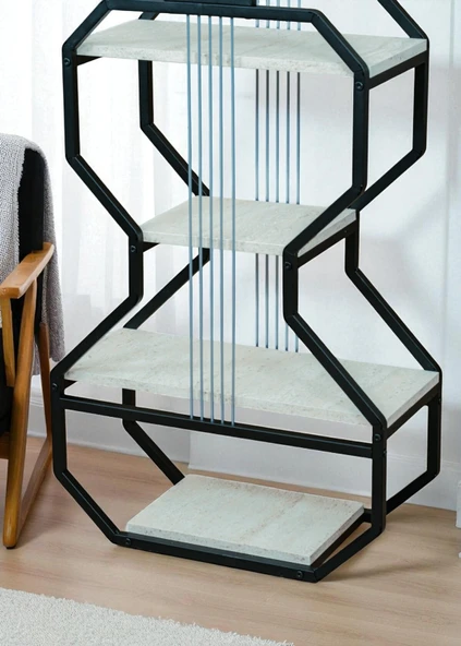 DEKORATİF SİYAH METAL KİTAPLIK BEYAZ AHŞAP RAFLI GİTAR ÜNİTE ÇOK AMAÇLI SALON OFİS DÜZENLEYİCİ - 4