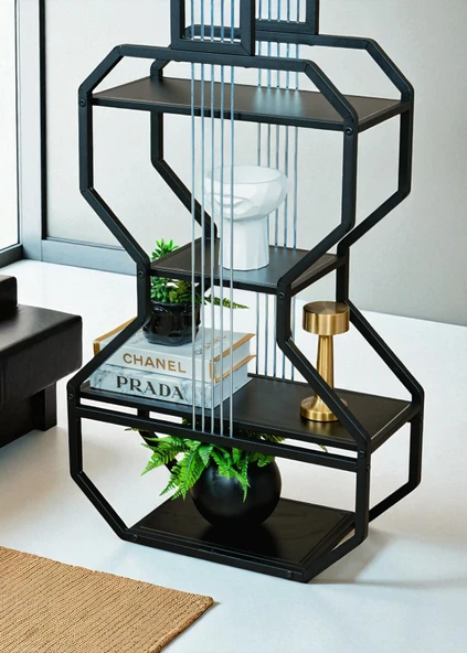 DEKORATİF SİYAH METAL KİTAPLIK SİYAH AHŞAP RAFLI GİTAR ÜNİTE ÇOK AMAÇLI SALON OFİS DÜZENLEYİCİ - 4