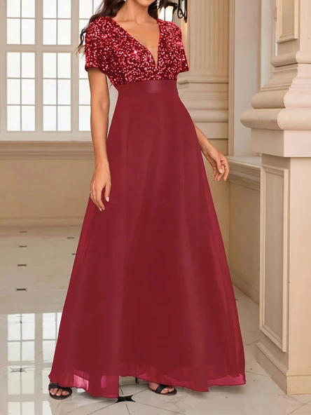 Kadın Kısa Kollu Derin V Yakalı A Kesim Pulpayet Detaylı şifon Nedime Elbisesi - Resim 5