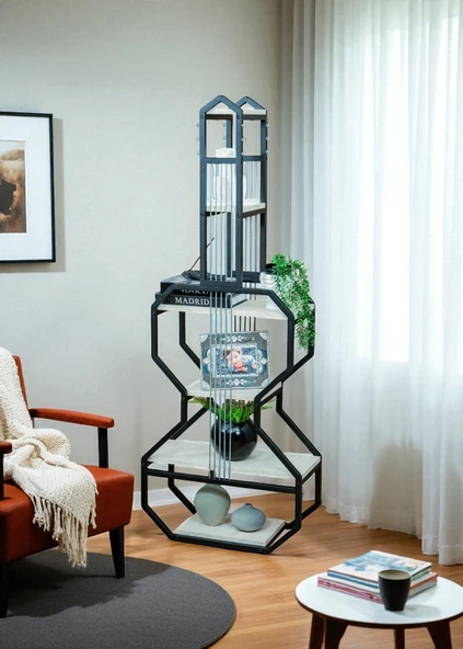 DEKORATİF SİYAH METAL KİTAPLIK BEYAZ AHŞAP RAFLI GİTAR ÜNİTE ÇOK AMAÇLI SALON OFİS DÜZENLEYİCİ - 7