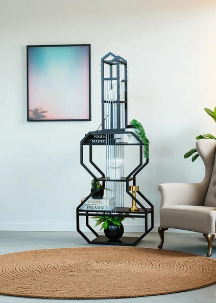 DEKORATİF SİYAH METAL KİTAPLIK SİYAH AHŞAP RAFLI GİTAR ÜNİTE ÇOK AMAÇLI SALON OFİS DÜZENLEYİCİ - 2