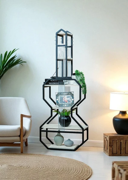 DEKORATİF SİYAH METAL KİTAPLIK BEYAZ AHŞAP RAFLI GİTAR ÜNİTE ÇOK AMAÇLI SALON OFİS DÜZENLEYİCİ - 2