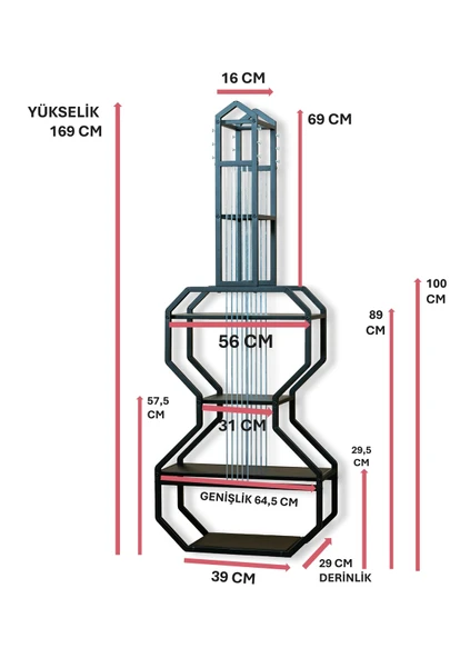 DEKORATİF SİYAH METAL KİTAPLIK SİYAH AHŞAP RAFLI GİTAR ÜNİTE ÇOK AMAÇLI SALON OFİS DÜZENLEYİCİ - 5