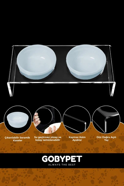 2'li Seramik Dekoratif Kedi Ve Köpek Pleksi Mama & Su Kabı Paspas Mavi - 5