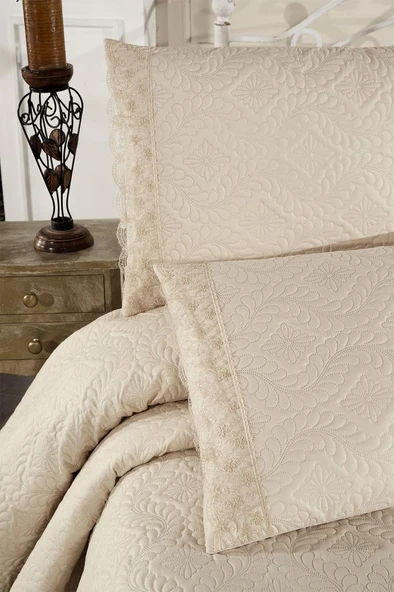 Zoya Dantelli Kapitoneli Ultrasonik Çift Kişilik Yatak Örtüsü Bej - Resim 6