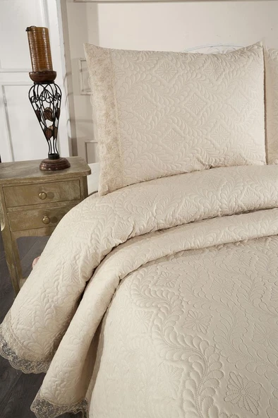 Zoya Dantelli Kapitoneli Ultrasonik Çift Kişilik Yatak Örtüsü Bej - Resim 5