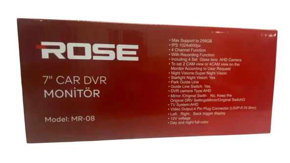 ROSE MR-08 7” EKRANLI 4 KAMERALI ARAÇ DVR SETİ - 4 KANAL FOKSİYON - KAYIT ÖZELLİĞİ - 4