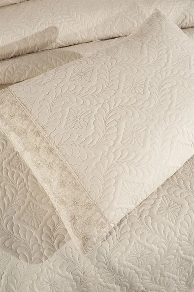 Zoya Dantelli Kapitoneli Ultrasonik Çift Kişilik Yatak Örtüsü Bej - Resim 7