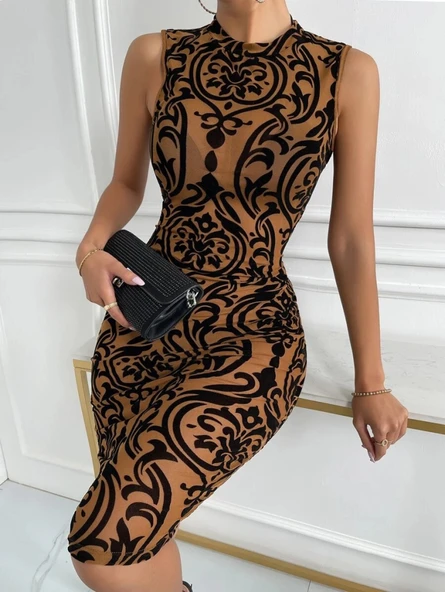 Kadın Kolsuz Yarı Balıkçı Yaka Desenli Dalgıç Elbise - Resim 2