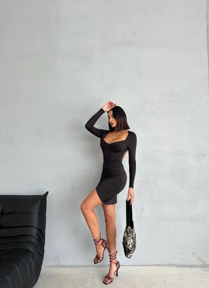 Kadın Uzun Kollu Göğüs Ve Sırt Dekolteli Kruvaze Etek Detay Fırsat ürün Mini Elbise - Resim 6