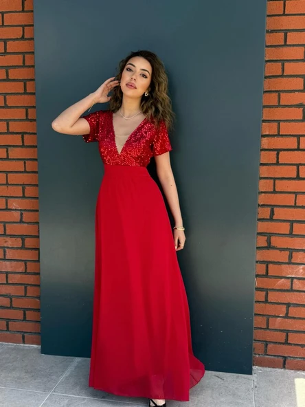 Kadın Kısa Kollu Derin V Yakalı A Kesim Pulpayet Detaylı şifon Nedime Elbisesi ürün görseli