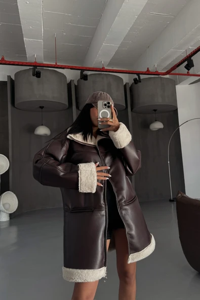 DERİ MONT KOL VE YAKA PELUŞ KAPAKSIZ CEP DETAYLI - Kahverengi ürün görseli