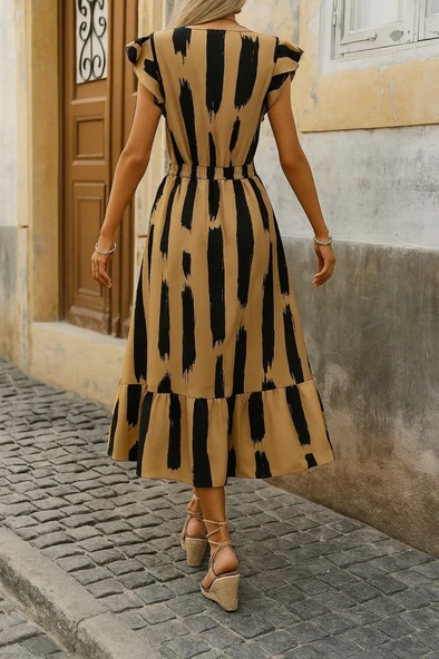 Kadın Kısa Kollu Kruvaze Yakalı Fırfırlı Süprem Elbise - Resim 3