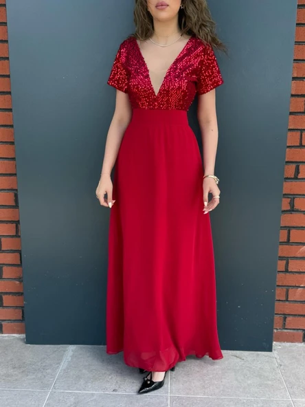 Kadın Kısa Kollu Derin V Yakalı A Kesim Pulpayet Detaylı şifon Nedime Elbisesi - Resim 2