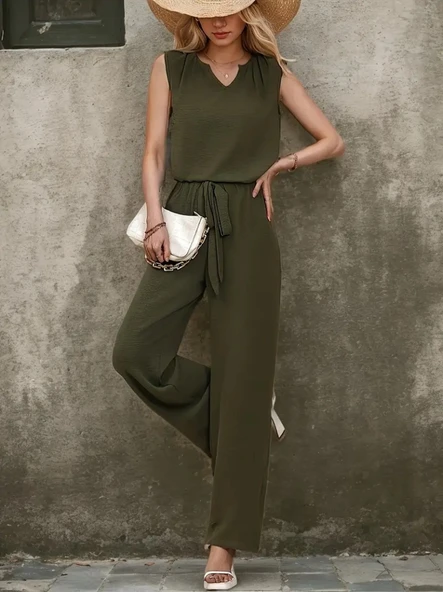 Kadın Kolsuz V Yakalı Aerobin Bluz Ve Belden Kuşaklı Pantolon Ikili Takım ürün görseli