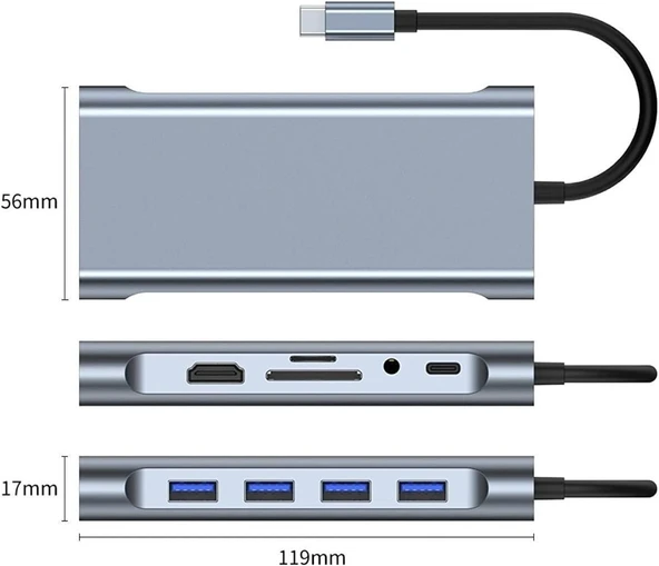 Plentiful TYPE-C Hub 11in1 USB C 5 Gbps Docking Station 4K HDMI,VGA,Type C PD,USB3.0,RJ45 Ethernet,SD/TF AUX Macbook Pc Uyumlu Adaptör Çoklayıcı Çevirici Dönüştürücü - 2